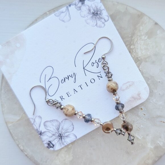 Neutral Abalone and Crystal Stainless Steel Drop Dangle Earrings - Picture 3 of 4